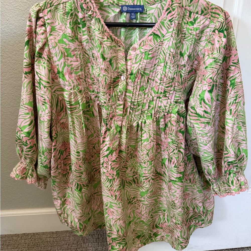 Democracy Pink & Green Floral Pintuck Peasant Tunic